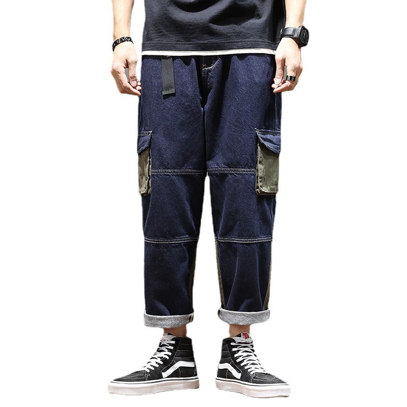 Amekaji Overalls Fashion Brand Cropped Pants Pocket Patchwork Color Denim Jeans Loose Wide Leg Pants Jean