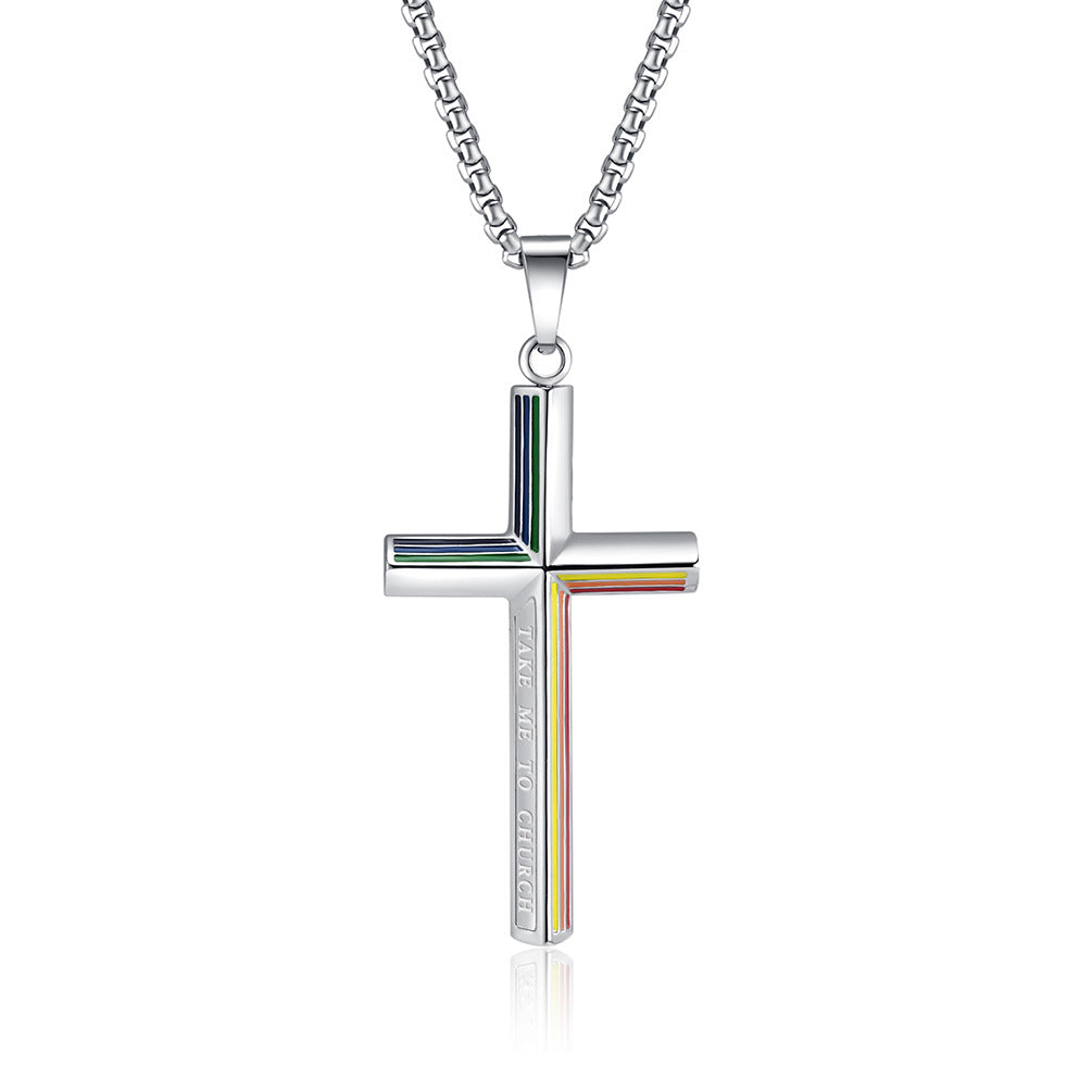 Rainbow Flag Titanium Steel Cross Necklace Personality