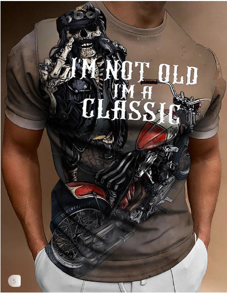 Retro Biker's Printed Round Neck Short Sleeve T-shirt