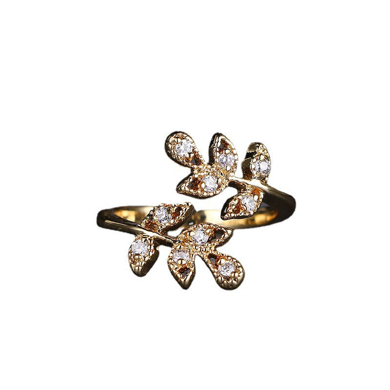 European And American Fashion Leaf-shaped Open Diamond Ring 18K Real Gold Plating