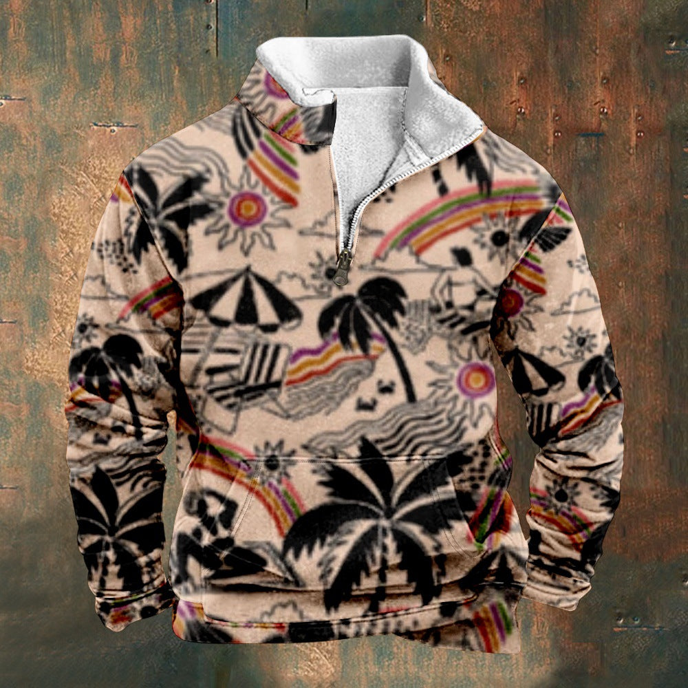 Cross Border Digital Printing Long Sleeve Stand Collar Half Zip Sweater Inner Cut