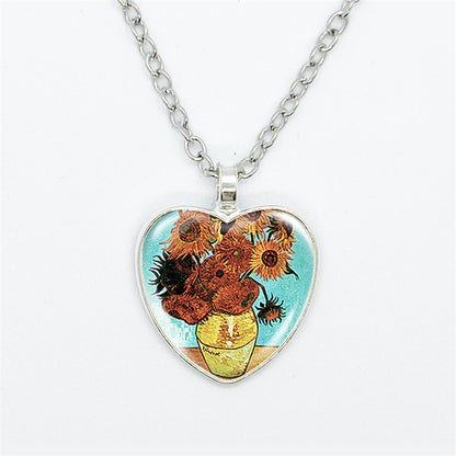 Artistic Style Van Gogh Starry Sunflower Flower-de-Luce Time Stone Heart-shaped Pendant Necklace