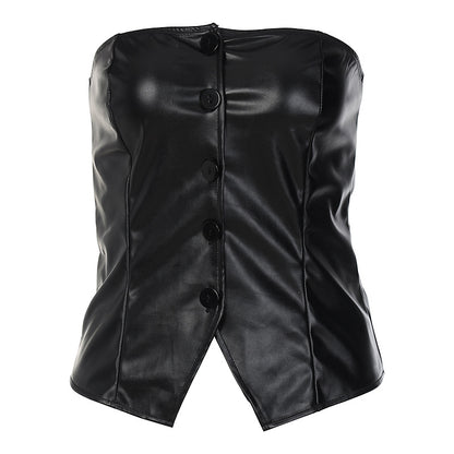 Women's Single-breasted Short PU Leather Shirt