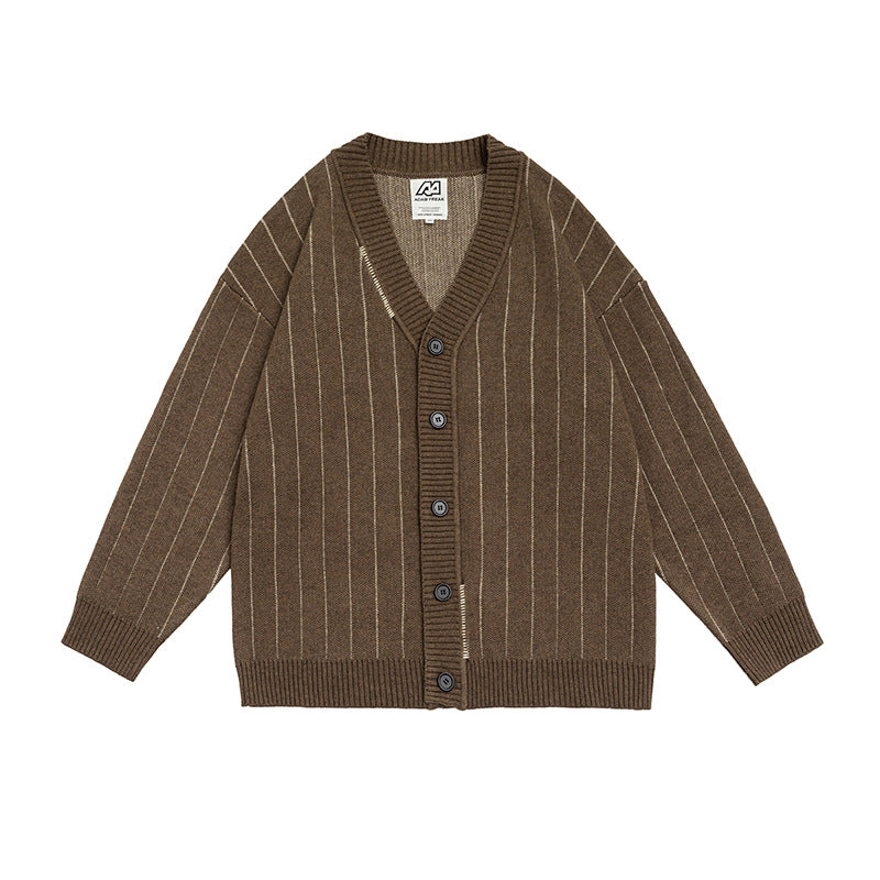 Vertical Striped Cardigan Stand Collar Sweater Japanese-style Retro