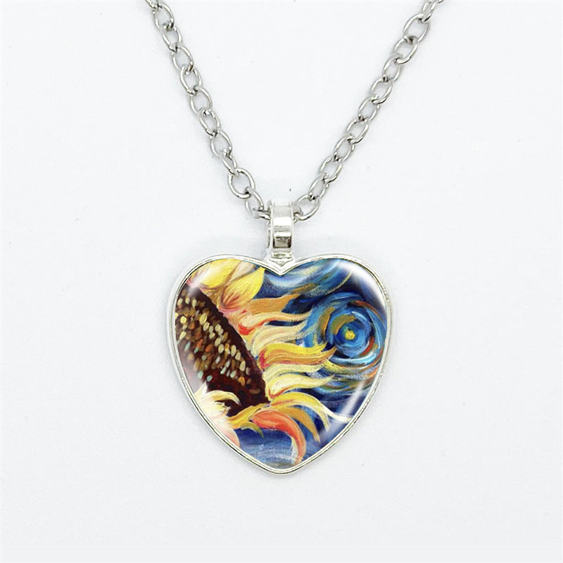 Artistic Style Van Gogh Starry Sunflower Flower-de-Luce Time Stone Heart-shaped Pendant Necklace