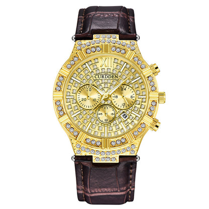 Diamond-embedded Fake Three-Eye Men's Fashion Belt Quartz Watch