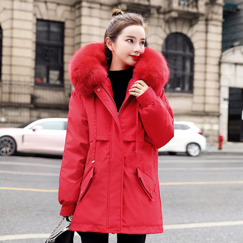 New Fleece-lined Mid-length Big Fur Collar Thicken Cotton Clothes Coat