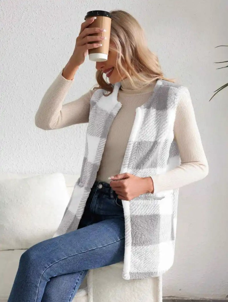 Coat Loose Plaid Color Stitching Knitted Cardigan Sweater