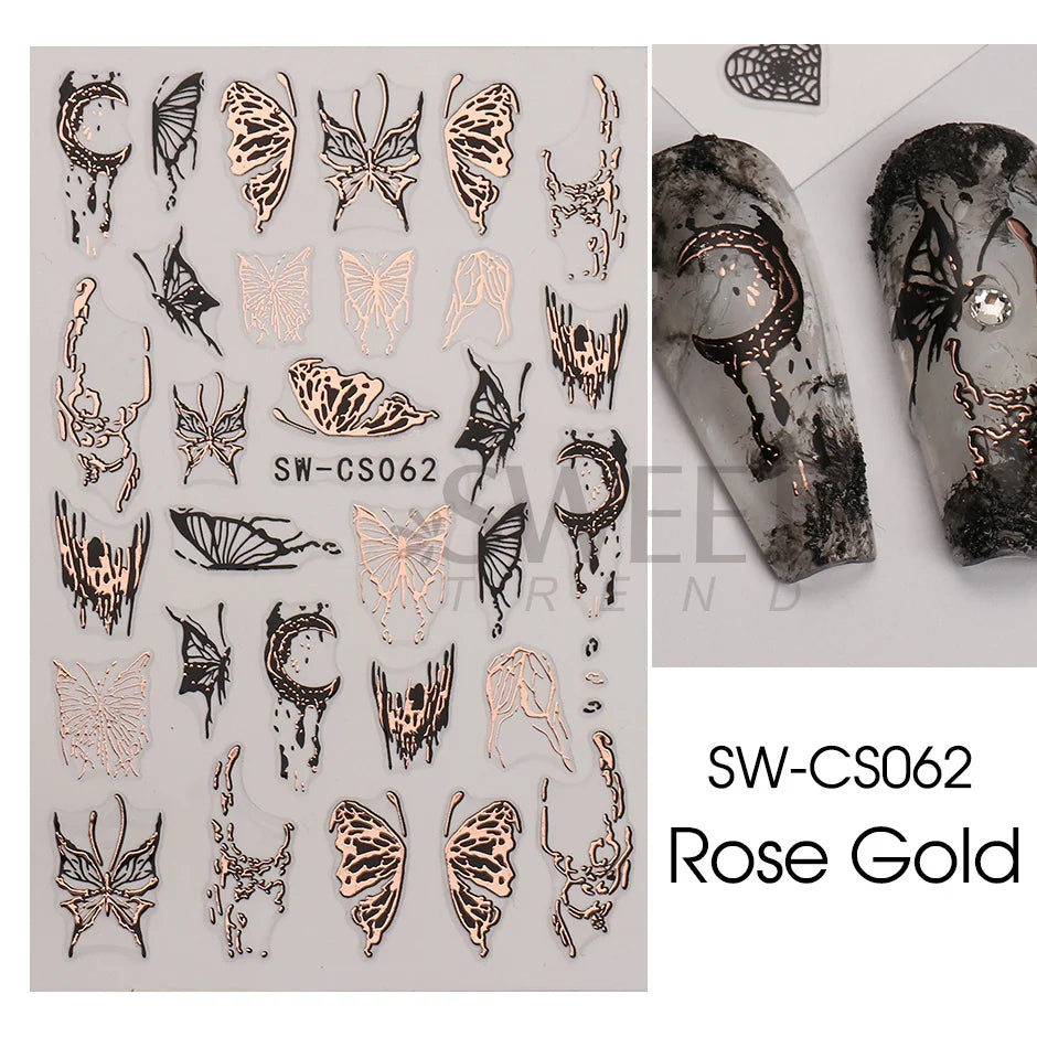 3D Metallic Silver Nail Stickers Butterfly Ink Moon Heart Sliders Charms Lock Dark Black Foils Nail Decor Jewelry Accessory SASW