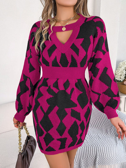 Color Matching Hollow Out Lantern Sleeve Fitted Waist Sweater Dress