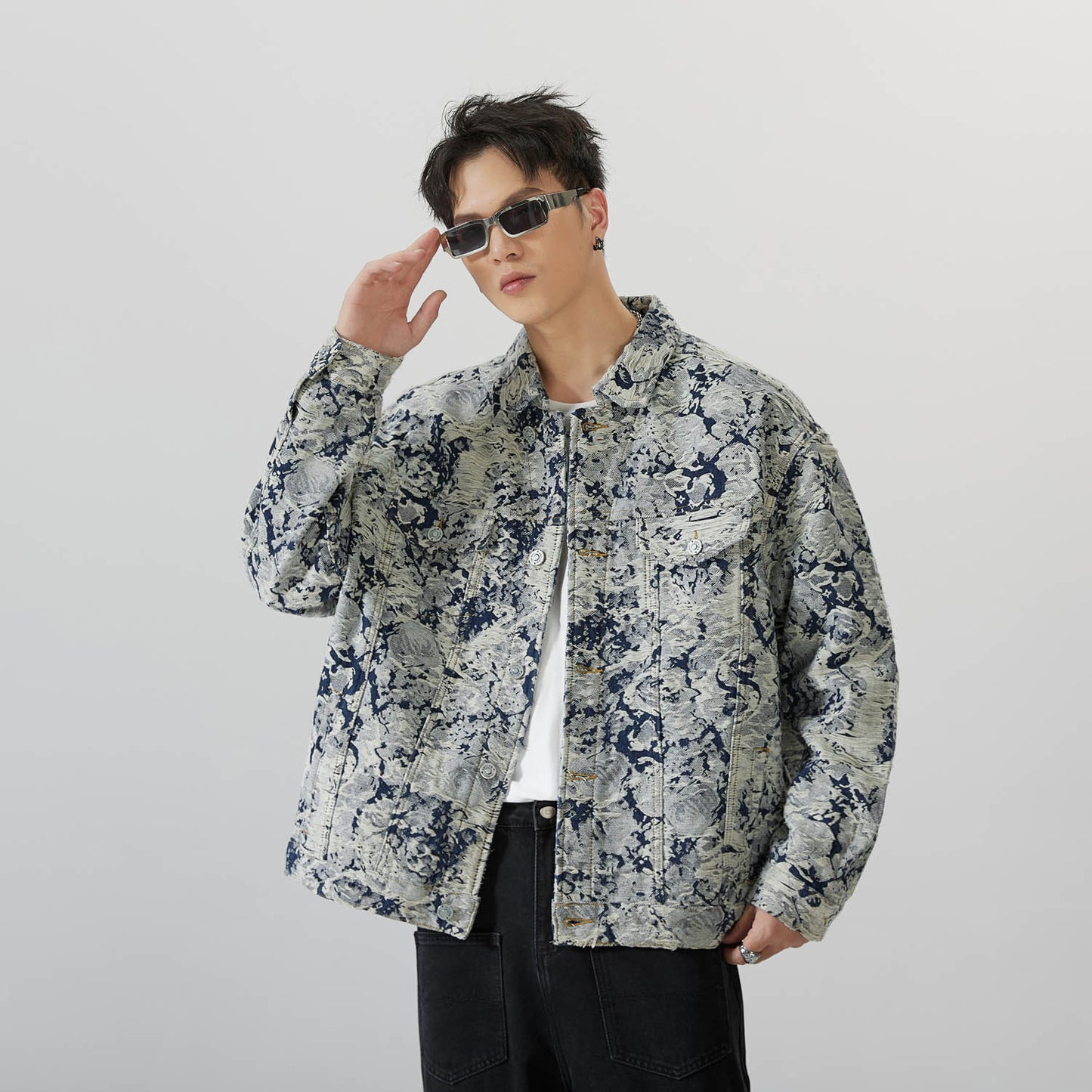 Autumn Retro Jacquard Denim Coat Men's Loose