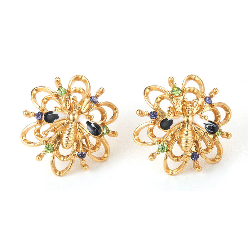 Alloy Plated Antique Gold Diamond Flower Earrings