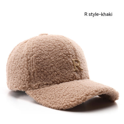 Autumn And Winter Letter R Solid Color Lamb Wool Baseball Cap Outdoor Sun Protection