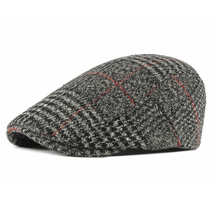 Winter Woolen Men's Beret Korean Style Plaid Peaked Cap