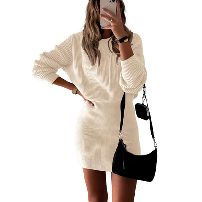 Polyester Casual Dress Solid Color Mid-length Hooded Cinched Waist Pullover Knitted Hip Skirt