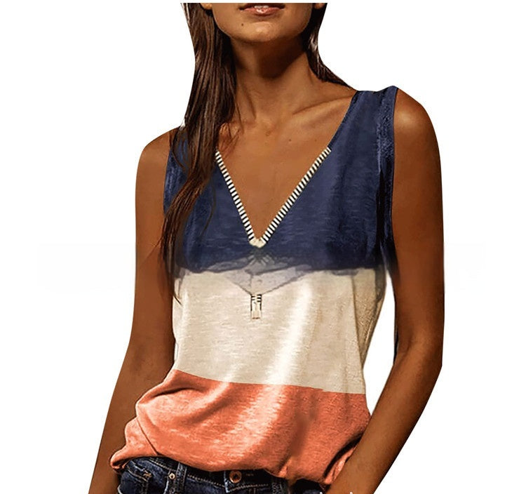 Women's V-neck Zipper Pullover Print Vest