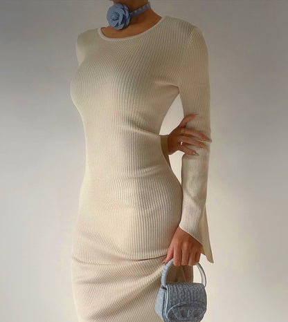 Autumn And Winter Long Sleeve Knitted European And American Fashion Backless Round Neck Dress