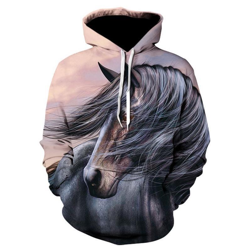 Printed Animal Horse Painting Hoodie Fashion Men Loose Sweater