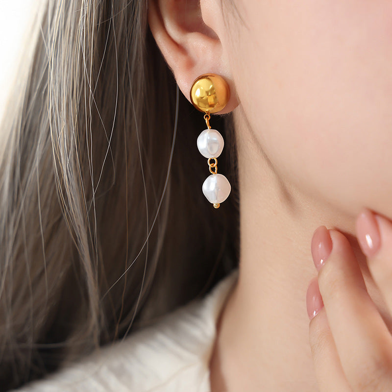 French Retro Shell Pearls Steel Ball Earrings Baroque