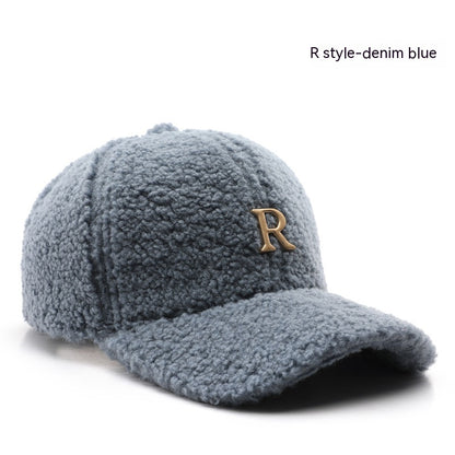 Autumn And Winter Letter R Solid Color Lamb Wool Baseball Cap Outdoor Sun Protection