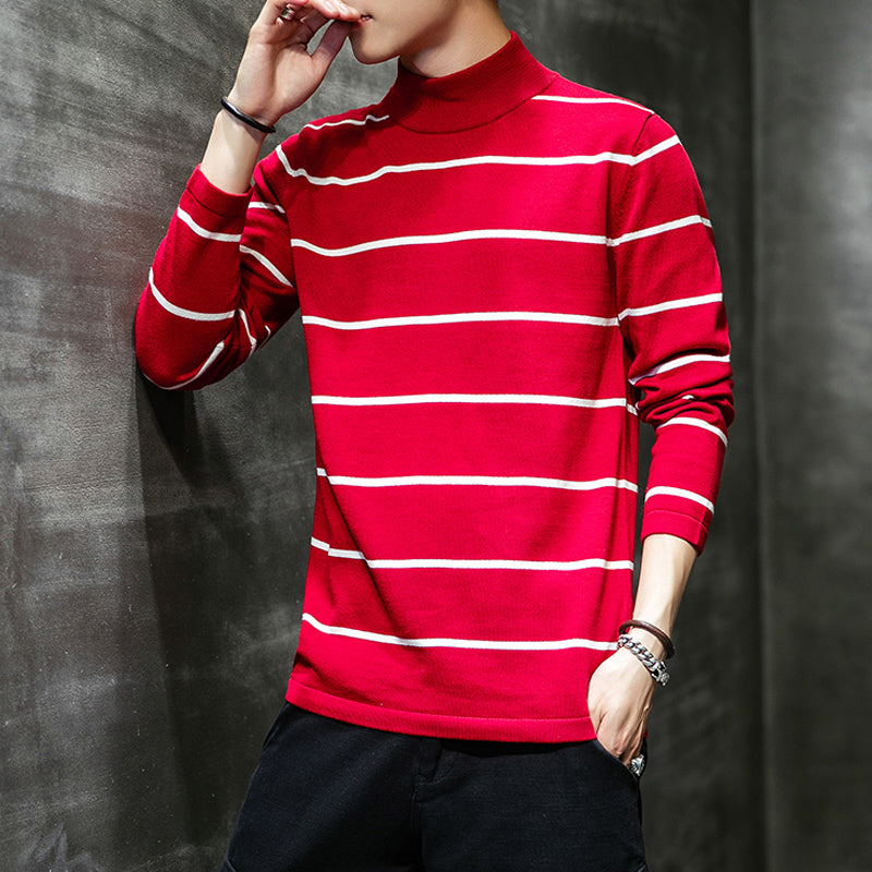 Men's Striped Sweater With Half Turtleneck