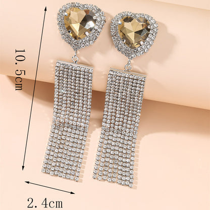 Heart-shaped Full Of Diamond Long Fringe Earrings