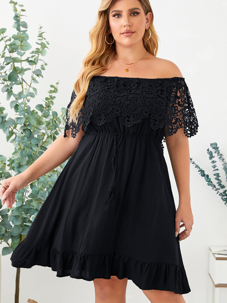 Black Lace Sleeve Stitching Dress Off-shoulder Ruffled Skirt