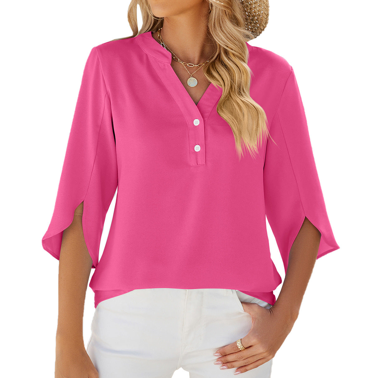 Button V-neck Mid-sleeve Chiffon Shirt For Women Solid Color Top