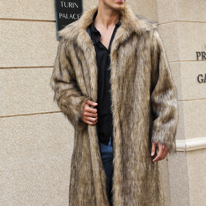 Yellow Lapel Imitation Fox Fur Men's Long Coat