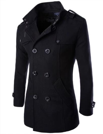 Slim-fit Men's Double-breasted Mid-length Stand Collar Woolen Coat