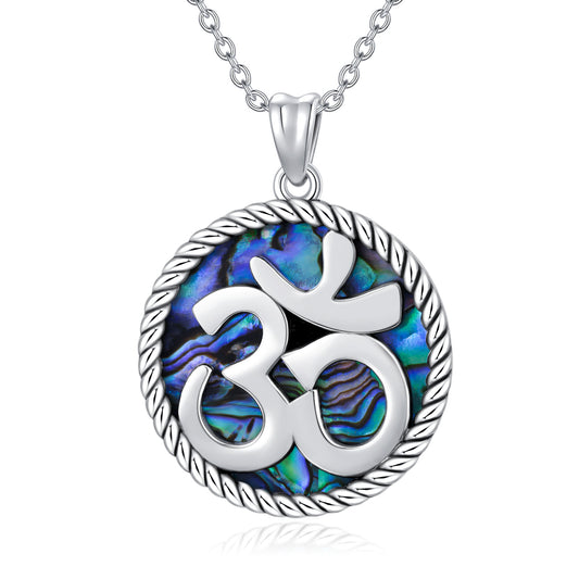 925 Sterling Silver Yoga with Abalone Shell Indian Yoga Aum Om Ohm Symbol Pendant Necklace Jewelry