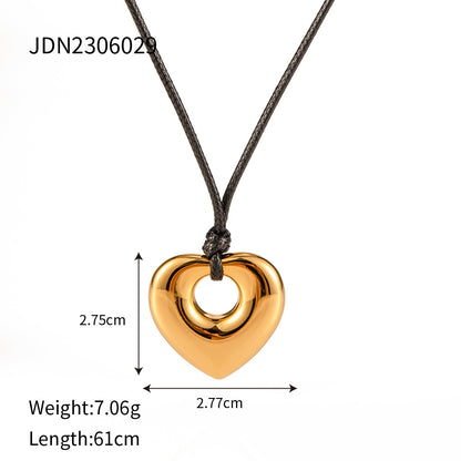 Stainless Steel Black Wax Rope Hollow Heart Pendant Necklace