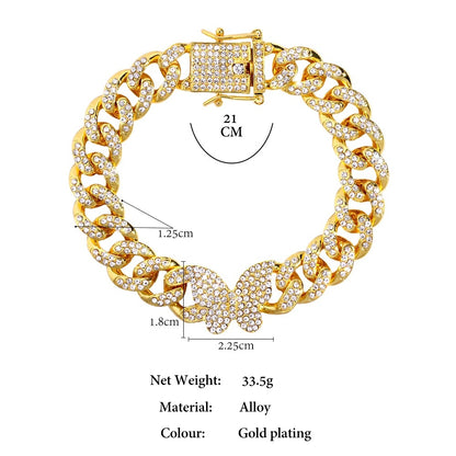 Cuban Link Chain Over Diamond Band Rotatable Three-dimensional Butterfly Necklace Jewelry