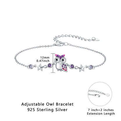 Cute Owl Bracelet 925 Sterling Silver Adjustable Purple Owl Jewelry Gift for Women Girl Teens