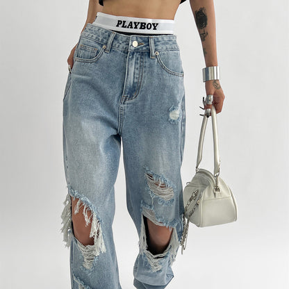 Light Blue Thin Ripped Jeans For Women