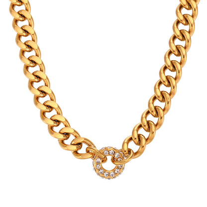 Trendy Temperamental Bracelet Ornament Stainless Steel Cuban Link Chain Zircon Donut Pendant Necklace