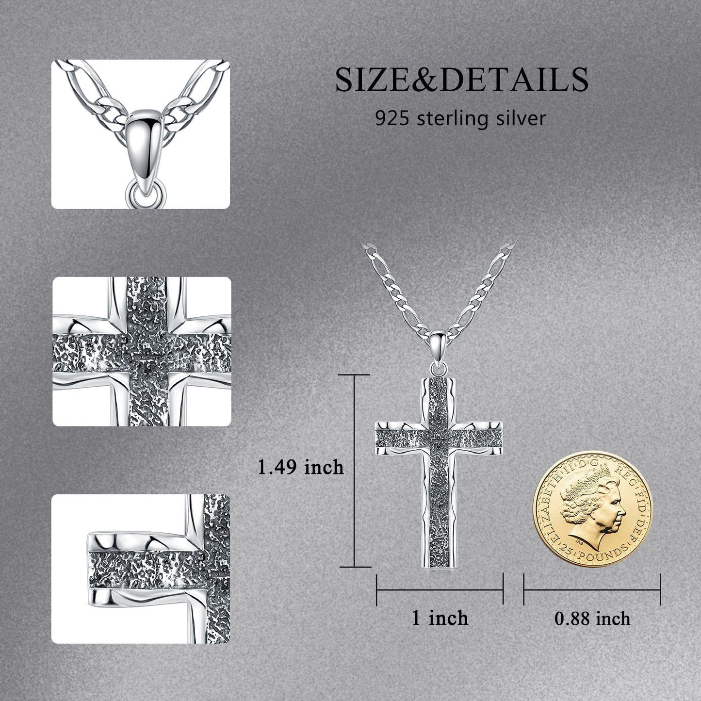 925 Sterling Silver Cross Pendant with Stainless Steel Figaro Chain Oxidized Cross Necklace Christian Jewelry