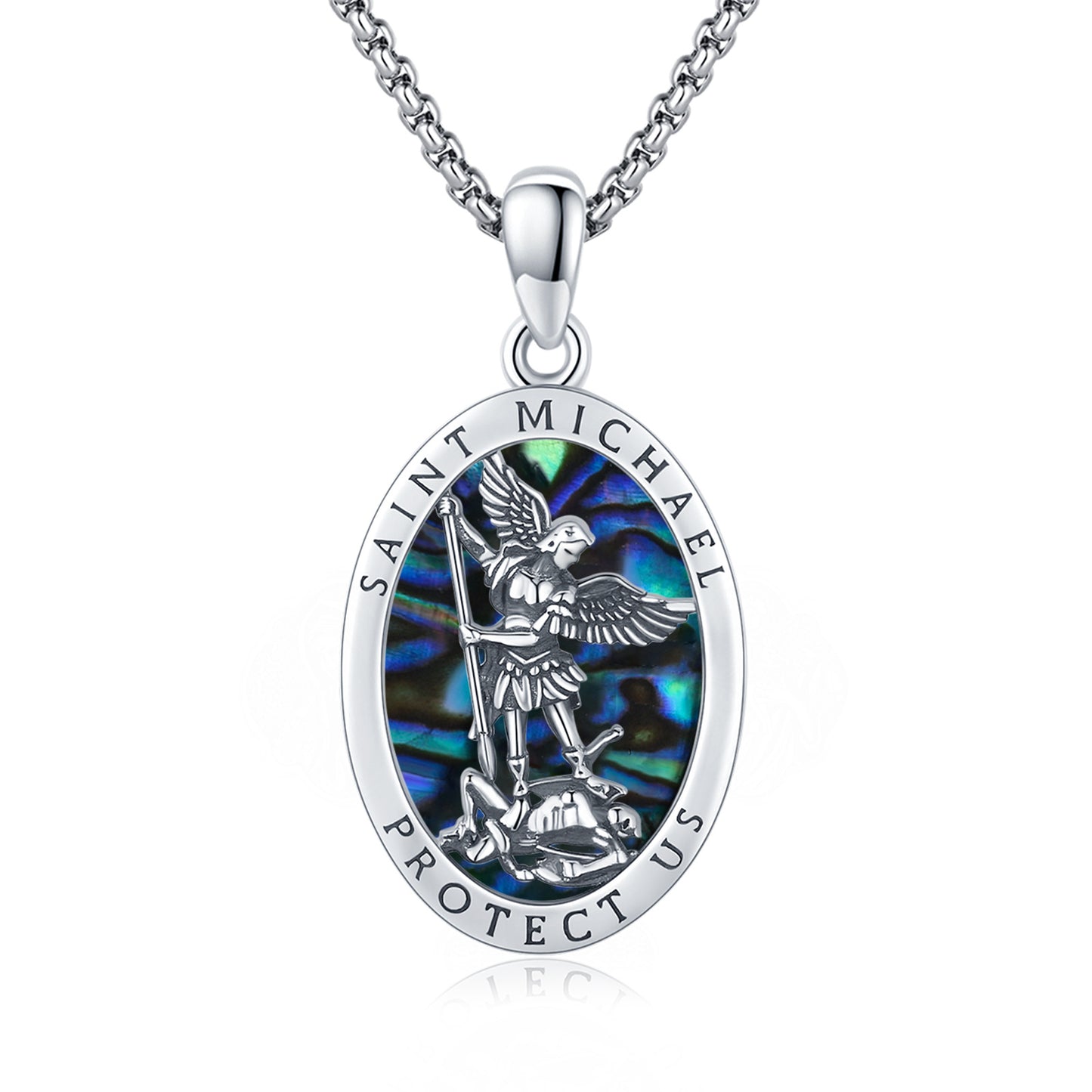 Abalone Shell Saint Michael Pendant Necklace in 925 Sterling Silver