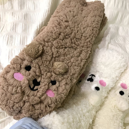 Cute Cartoon Bear Fuzzy Socks For Women, Comfortable Winter Soft Warm Slipper Socks, Casual Sleep Socks For Indoor Women's Fuzzy Socks Winter Warm Fluffy Soft Slipper Home Sleeping Cute Animal Socks