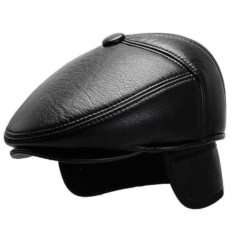 Grandpa Leather Hat Men's Autumn And Winter Fleece-lined Warm Leisure PU Ears Protection Peaked Cap