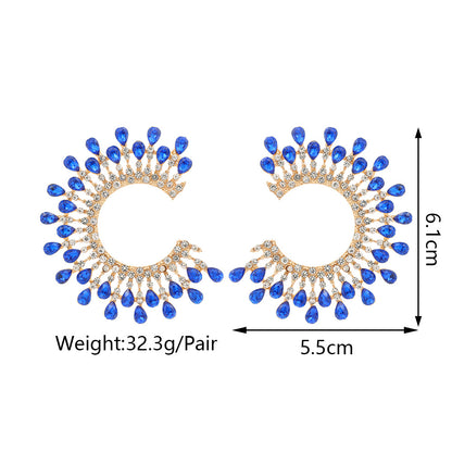 Exaggerated C- Shaped Alloy Inlaid Color Crystal Earrings