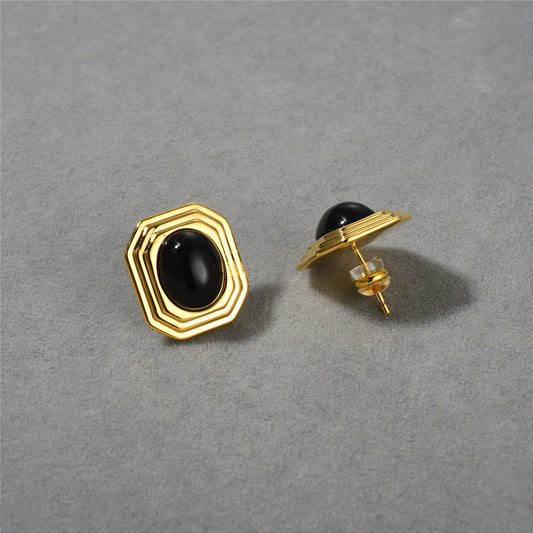 Copper Plating 18K Real Gold Inlaid Black Agate Square Stud Earrings Eardrops Earrings