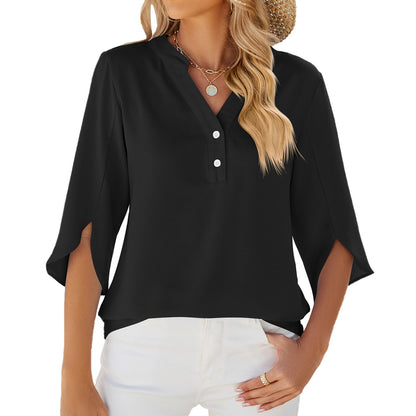 Button V-neck Mid-sleeve Chiffon Shirt For Women Solid Color Top