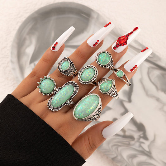 Ornament Creative Geometric Opal Gem 8-piece Set Combination Set Rings