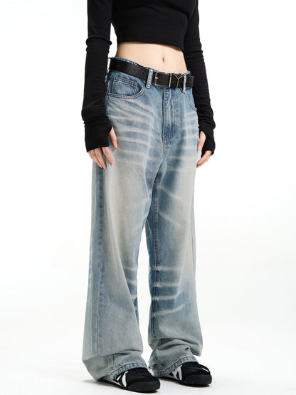 Crack Blue Straight American Retro Jeans