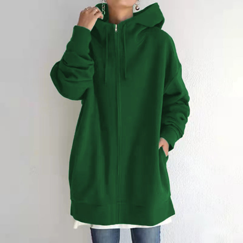 Zipper Hooded Long Plus Fleece Sweatshirt