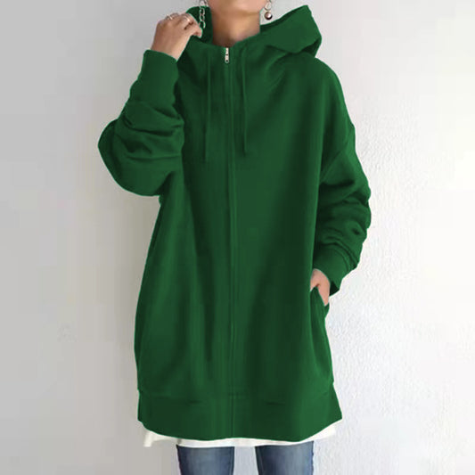 Zipper Hooded Long Plus Fleece Sweatshirt