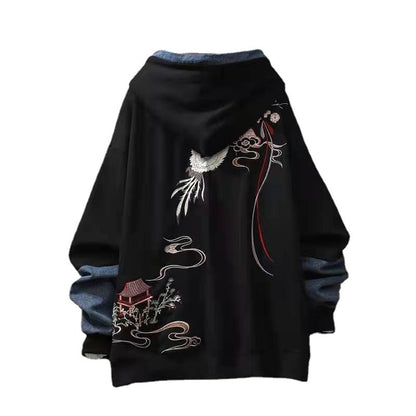 Chinese Style Button Embroidered Hooded Autumn And Winter Loose Stitching Denim Men's Clothing