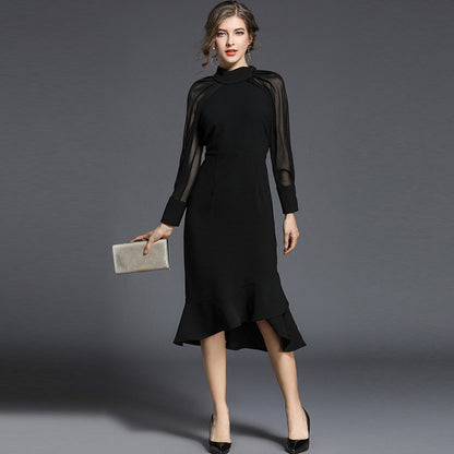 Stylish Temperament Long Sleeves Fishtail Slim Black Dress