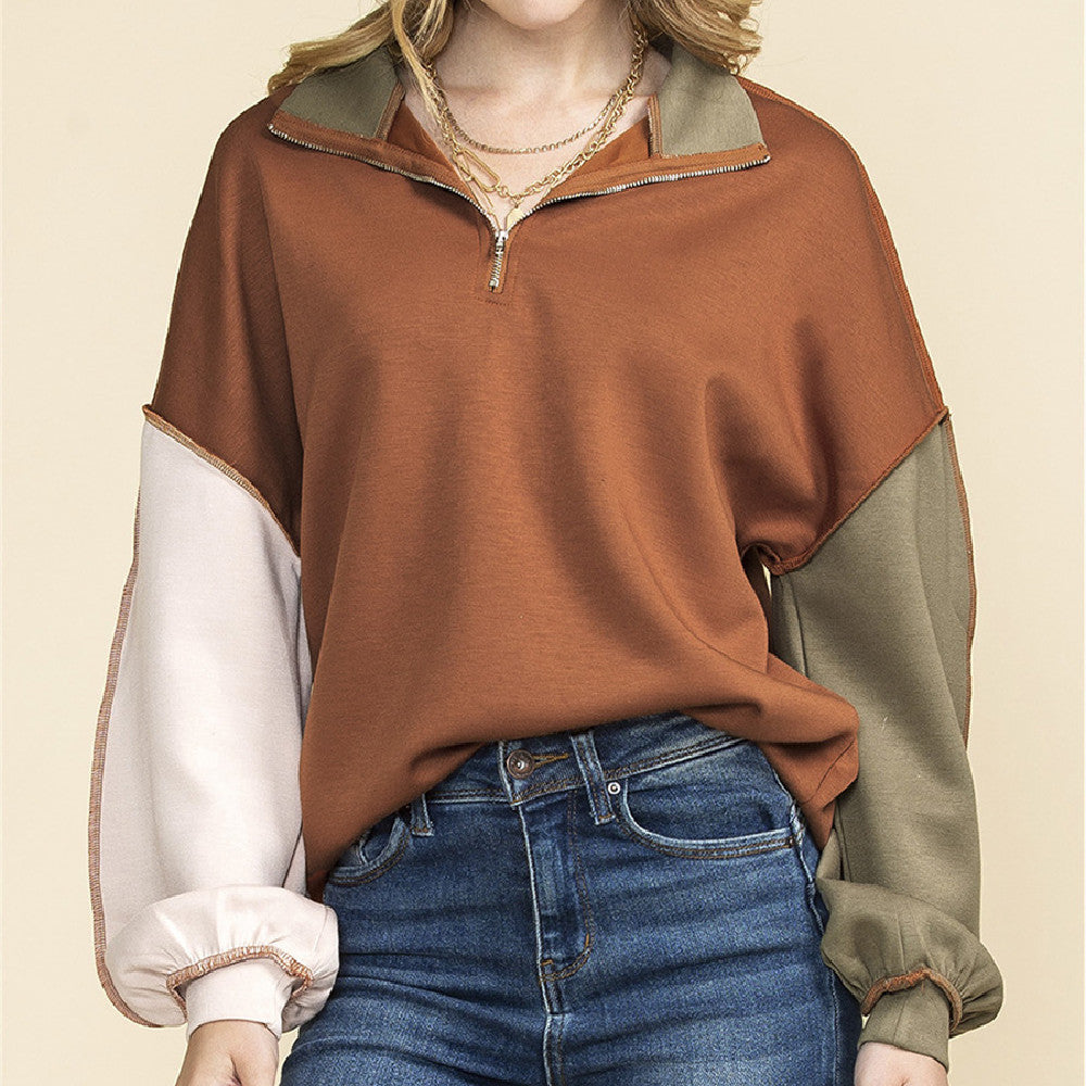 New Color Contrast Patchwork Long-sleeved Top For Women